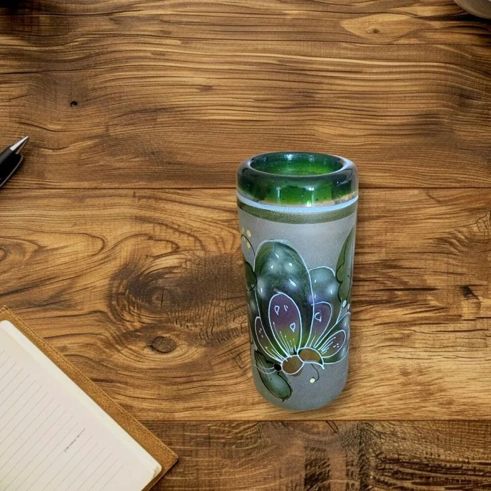 Mexican Made Hand Painted Frosted Glass Floral‎ Design Set of 2 Shot Glasses…